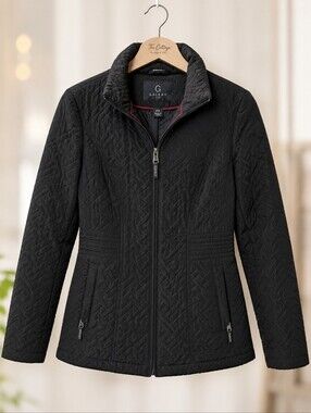 Gallery Petite XS P Black Geometric Quilted Jacket Zip Front Coat